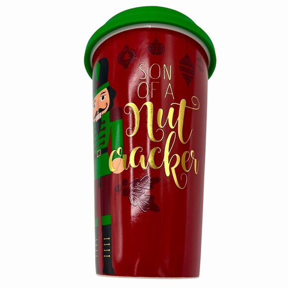 NWT NOVELTY SON OF A NUTCRACKER ELF CERAMIC TRAVEL COFFEE MUG LID CHRMNG CHARLIE - Picture 3 of 7